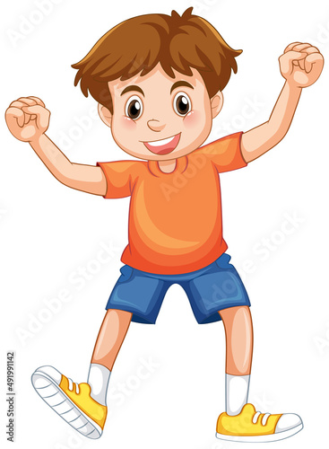 A boy standing and cheer on white background