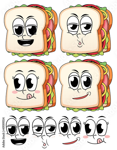 Set of facial expression vintage style cartoon with sandwich on white background