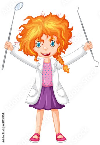 Happy dentist holding dental examination kit on white background