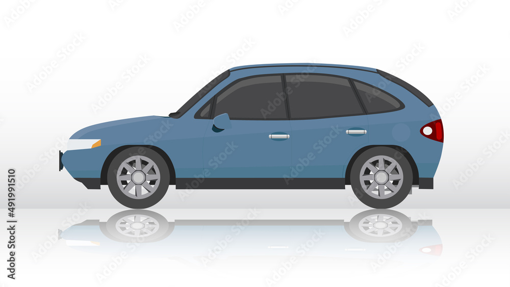 Beside luxury of sedarn car dark blue color. On backdrop of gradient white color with shadow of car on the ground. And gradient of blue to white background. And gradient of blue to white background.