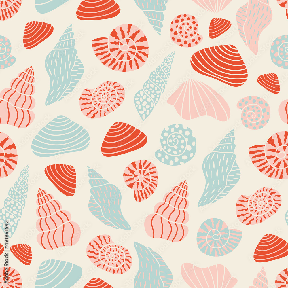 Seashells vector seamless pattern design. Cute seashell pattern in natural-earth tones perfect for trendy ocean or beach themed designs. Seashells vector seamless pattern design. Cute seashell pattern in natural-earth tones perfect for trendy ocean or beach themed designs.