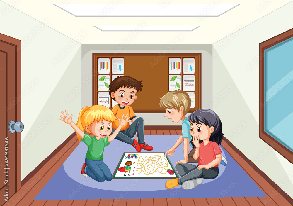 A room scene with children playing board game A room scene with children playing board game