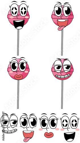 Set of facial expression vintage style cartoon with lollipop on white background