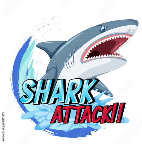 A Marine logo with big blue shark and Shark attack text