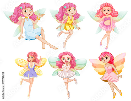 Set of different beautiful fairy girl cartoon character