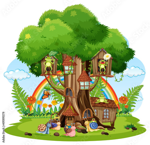 Happy insect cartoon at fairy tree house