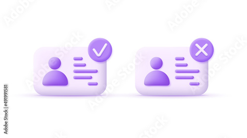 3d set id cart, personal document and check and cross marks isolated on white background. Yes or no. Plastic card, driver's license, badge. Can be used for many purposes