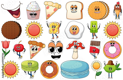 Set of facial expression with vintage style food cartoon on white background