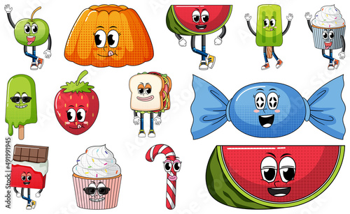Set of facial expression with vintage style food cartoon on white background