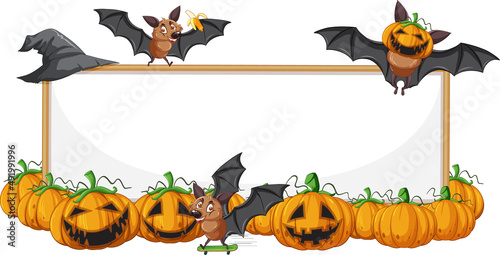 Blank wooden signboard with bat in halloween theme