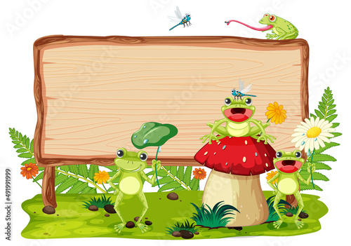 Blank wooden signboard with frogs