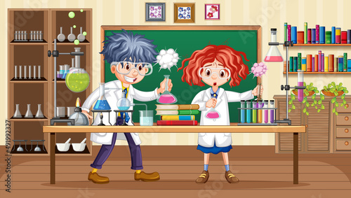 Laboratory scene with scientist cartoon character