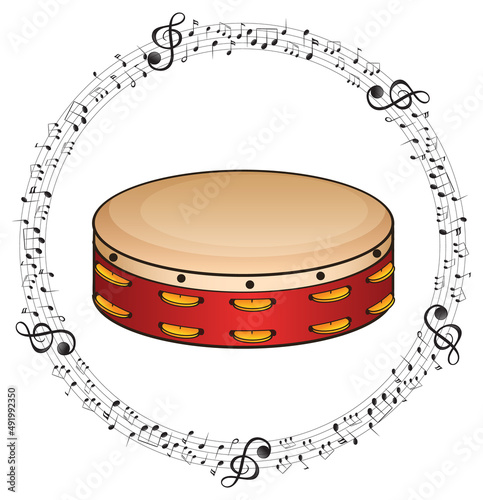 A drum with musical notes on white background
