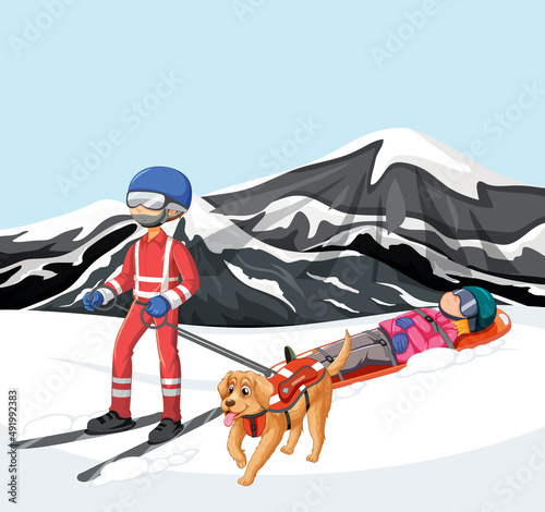 Rescue using stretcher on snow mountain