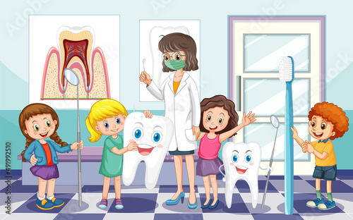 Dentist and happy children holding toothpaste toothbrush and floss on white background