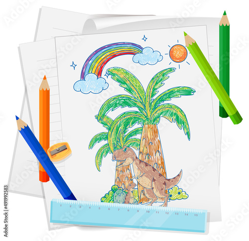 A paper with a doodle sketch design with color and colour pencils