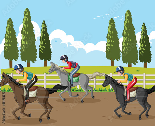 Outdoor scene with equestrian riding horse