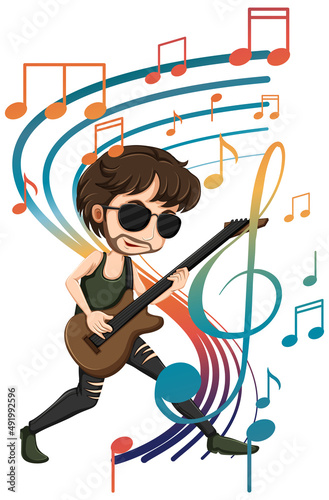 A little boy playing guitar with music notes on white background