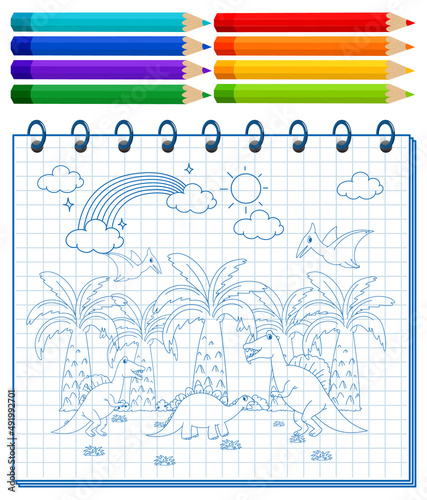 A notebook with a doodle sketch design and colour pencils