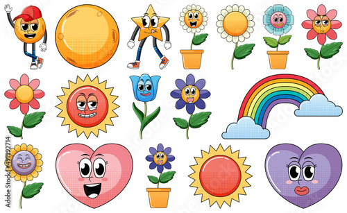 Set of facial expression with vintage style food cartoon on white background