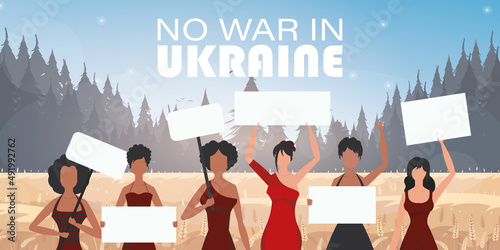 A group of women are holding banners. Pray for Ukraine. Stop war. Vector.