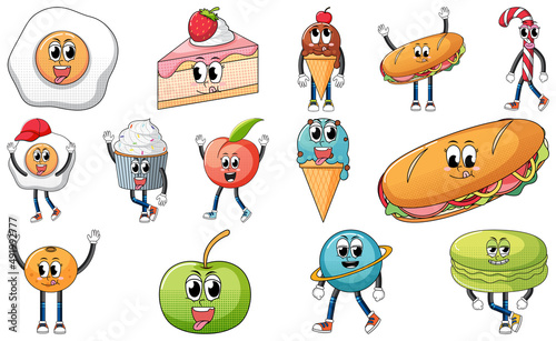 Set of facial expression with vintage style food cartoon on white background