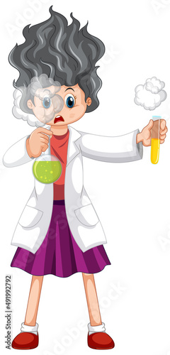 A chemist holding beaker and test tube on white background