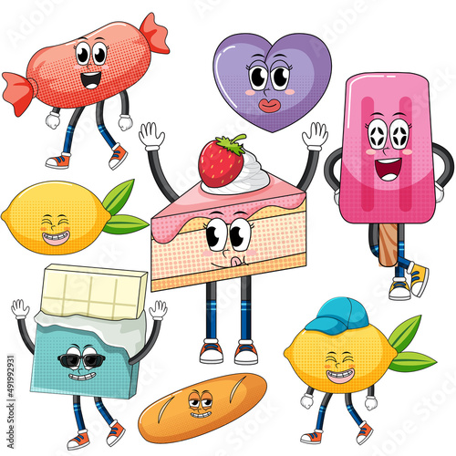 Set of facial expression with vintage style food cartoon on white background
