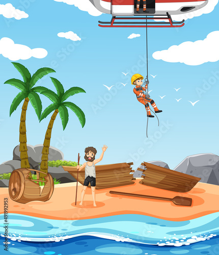 Ocean scene with firerman rescue in cartoon style