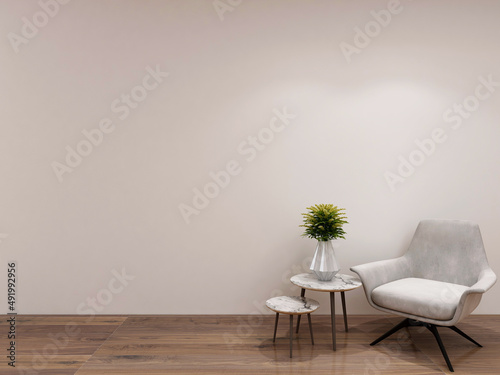 Fototapeta Naklejka Na Ścianę i Meble -  Mockup room with an armchair, coffee table, vase, and herringbone wood floor. 3d rendering. 3d interior
