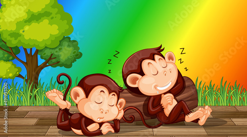 Two monkeys sleeping on rainbow gradient background
