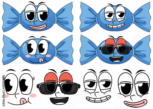 Set of facial expression vintage style cartoon with candy on white background