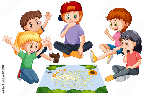 A children playing board game on white background