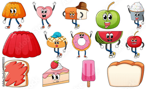Set of facial expression with vintage style food cartoon on white background