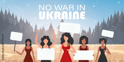 A group of women are holding banners. Pray for Ukraine. Stop war. Cartoon style.