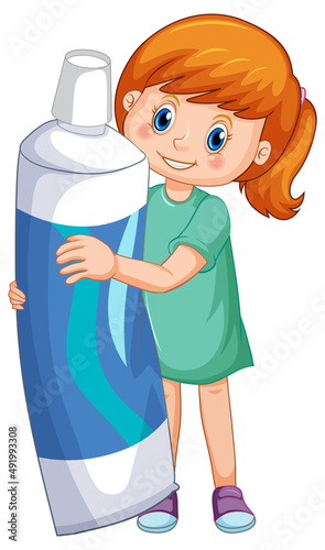A little girl holding toothpaste on white background