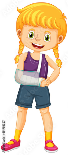 Broken arm girl standing on white background