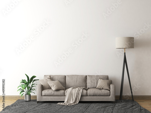 Mockup wall in the living room with sofa, pillow, blanket, plant, gray carpet, and floor lamp. 3d rendering. 3d illustration