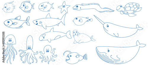 A paper with a doodle design of the different sea creatures with colour