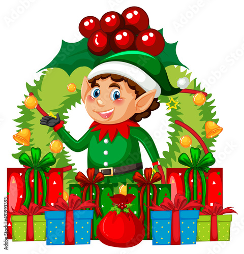 Cartoon elf Christmas wreath with many gift boxes