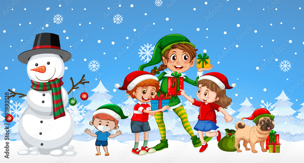 Christmas snowman with children on snowy blue background Christmas snowman with children on snowy blue background