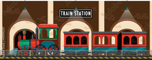 Train station scene with steam locomotive
