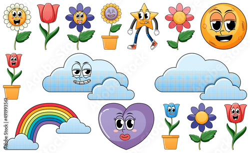 Set of facial expression with vintage style food cartoon on white background