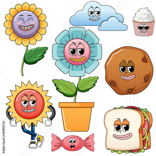 Set of facial expression with vintage style food cartoon on white background