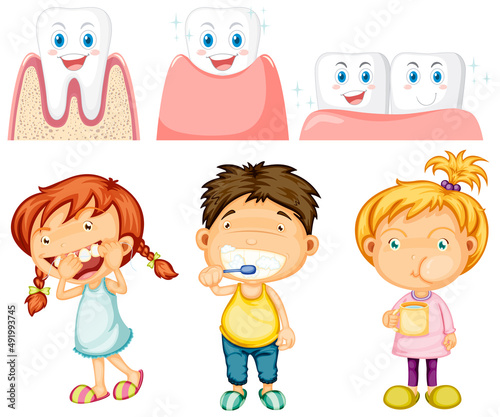 Set of all types of teeth with kids on white background