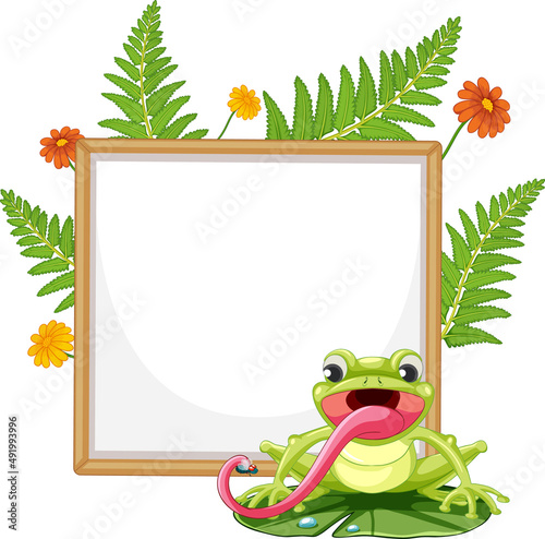Blank wooden signboard with frog in cartoon style
