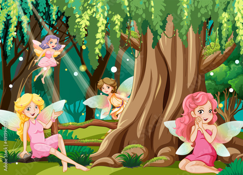 Fototapeta Naklejka Na Ścianę i Meble -  Fantastic forest scene with beautiful fairies