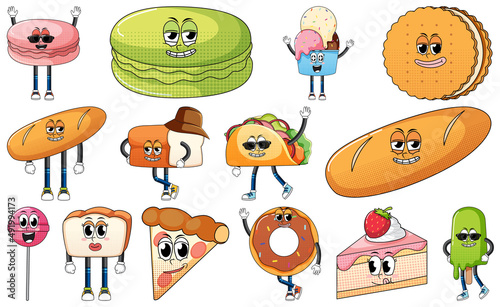 Set of facial expression with vintage style food cartoon on white background