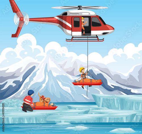 Snow mountain scene with firerman rescue in cartoon style