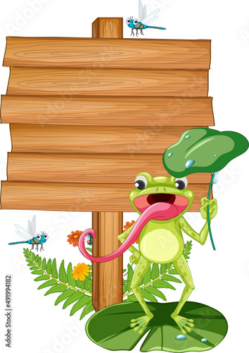 Blank wooden signboard with frogs
